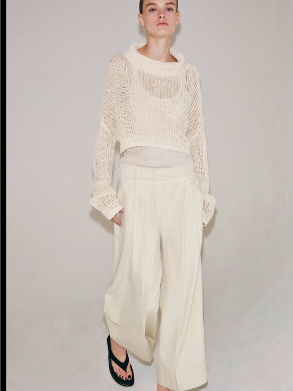 Zara Cropped Rib-Knit Mock Neck Sweater - Cream medium